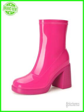 Platform Gogo Ankle Boots Chunky Heel Square Toe Booties Side Zip